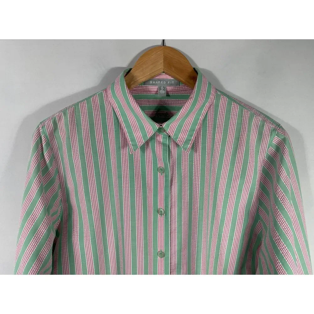 Foxcroft Women's 14P Shaped Fit Green Pink White Striped Long Sleeve Shirt - Picture 2 of 10
